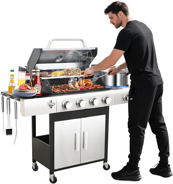 4-Burner BBQ Propane Gas Grill with Side Burner, 46790BTU Stainless Steel Barbecue Grill with Enameled Cast Iron Cooking Grids, For Camping Outdoor Cooking (Style5: 4+1 Burner)