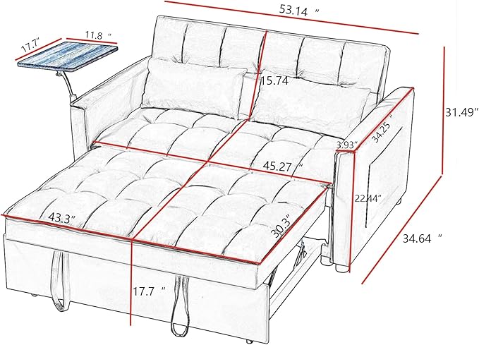 3-in-1 Convertible Sleeper Sofa Bed,Pullout Couch with 360° Swivel Side Table, Modern Chenille Fabric, Easy to Assemble, Folding Loveseat Sofa Bed for Living Room & Guest Room