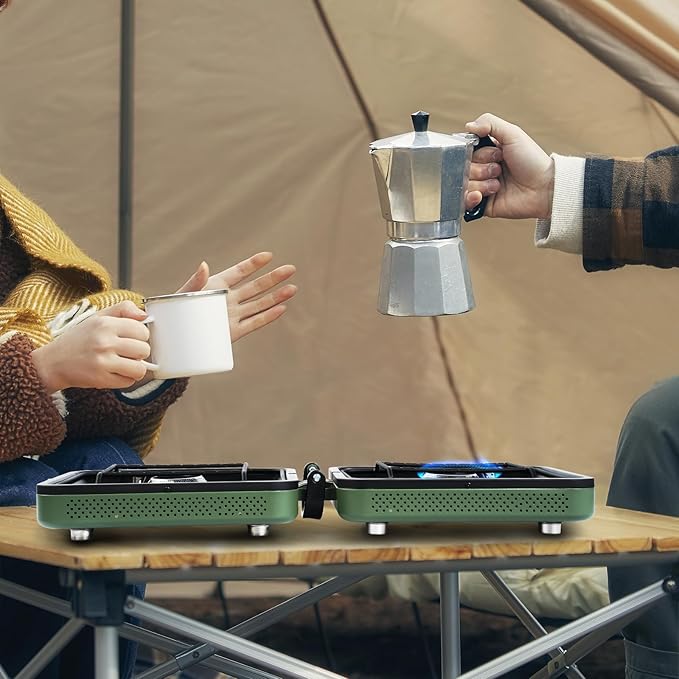 2 Burner Camping Stove with Carrying Bag, Foldable Propane Camp Stove with 17,200 BTU for Camping, Portable Gas Stove with Adjustable Burner for Tailgating, Backyard BBQ,Green