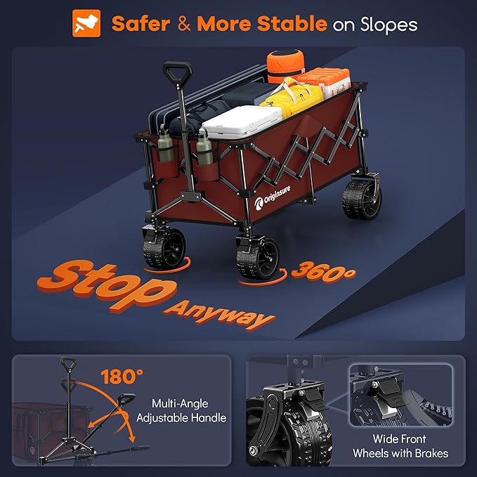 220L Collapsible Wagon Cart Foldable, 460LB Load Capacity Heavy Duty Folding Beach Wagons with Big All-Terrain Wheels, Utility Carts for Groceries, Shopping, Camping, Sports - Red