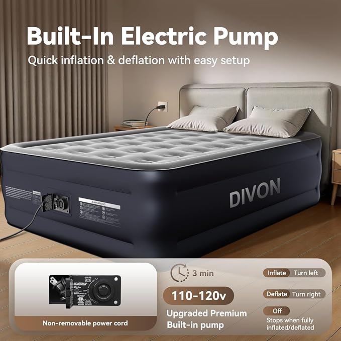 DIVON Full Air Mattress with Built in Pump Raised, 2 Min Self Inflatable Mattress, 18’’ Blow up Mattress for Adults, 660 LBS Portable Air Bed for Guest, Camping, Travel & Floor, Dark Blue
