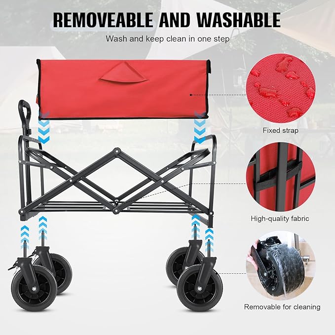 Beach Wagon with Big Wheels for Sand,Collapsible Folding All Terrain Utility Wagons Carts Foldable with Brakes for Sand Camping Sports Outdoor.