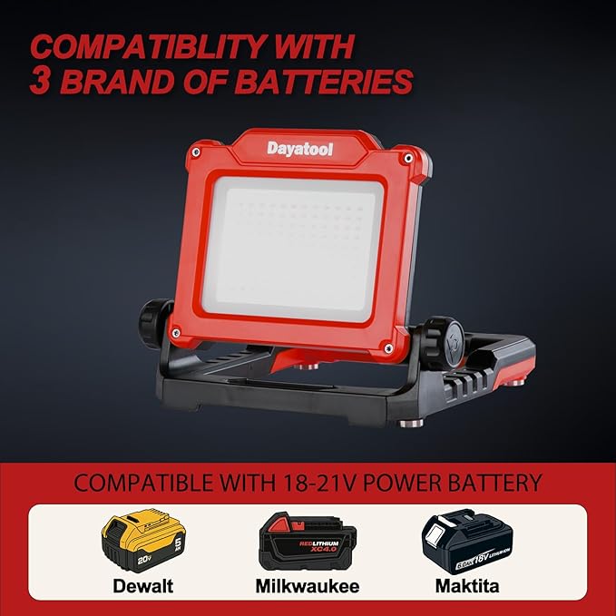 4000Lumens Work Flood Light Cordless Rechargeable Portable Led Work Lights for Automotive, Compatible for Milwaukee 18v m18, Dewalt 20v Lithium Tool Battery and Makita Battery,Red