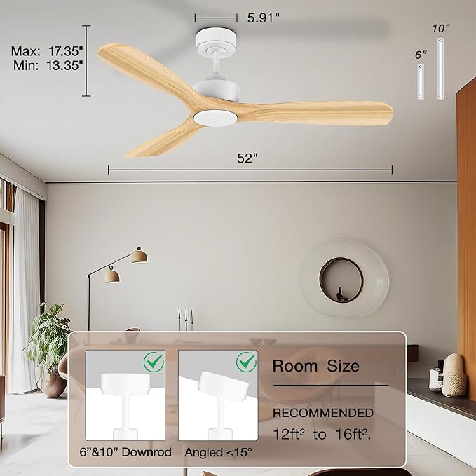 52” Wood Smart Ceiling Fans with Lights Remote,Quiet DC Motor,Outdoor Indoor Ceiling Fan,Voice Control via WIFI Alexa App,Dimmable,Modern Light Wood Ceiling Fan for Bedroom Patio Porch