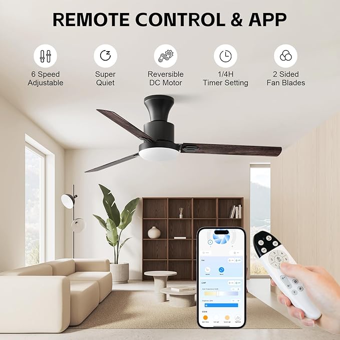Obabala 52" Outdoor Ceiling Fan, LED Light, Smart Reversible DC Motor, 6 Speeds, Remote & APP Control, Modern Ceiling Fan for Living Room, Covered Porch