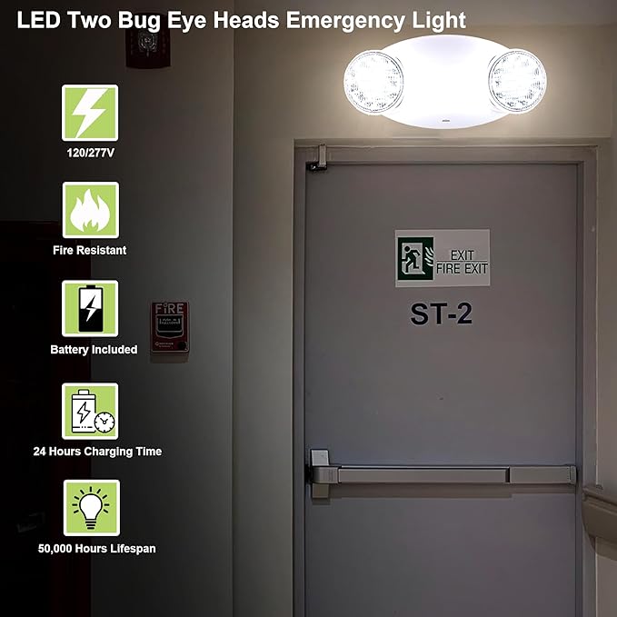 LIT-PaTH LED Emergency Lighting Fixtures with 2 LED Bug Eye Heads and Back Up Batteries- US Standard Exit Light, UL 924 and CEC Qualified, 120/277 Voltage, White, 12-Pack