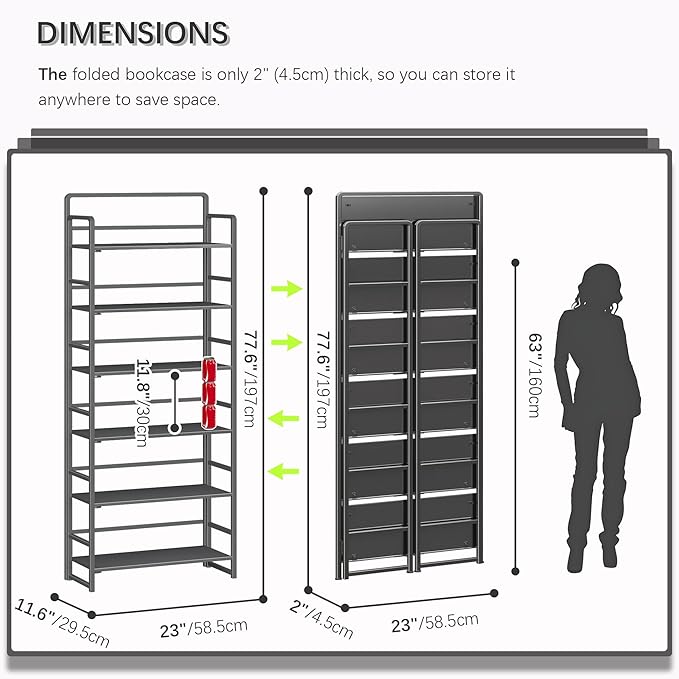 4NM No-Assembly 6 Tiers Folding Bookshelf Storage Shelves Vintage Bookcase Standing Racks Study Organizer Home Office (All Black)