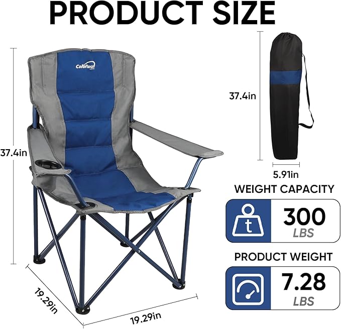Colorsoul 2 Pack Folding Camping Chairs, Outdoor Lawn Chair Set of 2, Padded Camping Chairs w/Cup Holder & Carry Bag for Sports Garden Beach Terrace, American Flag