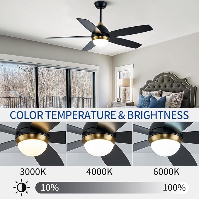 Black and Gold Ceiling Fan with Lights,52 Inch Ceiling Fans,6 Speeds,3 Color,Quiet DC Motor,Ceiling Fan with Remote Control for Bedroom Living Room Patio Kitchen
