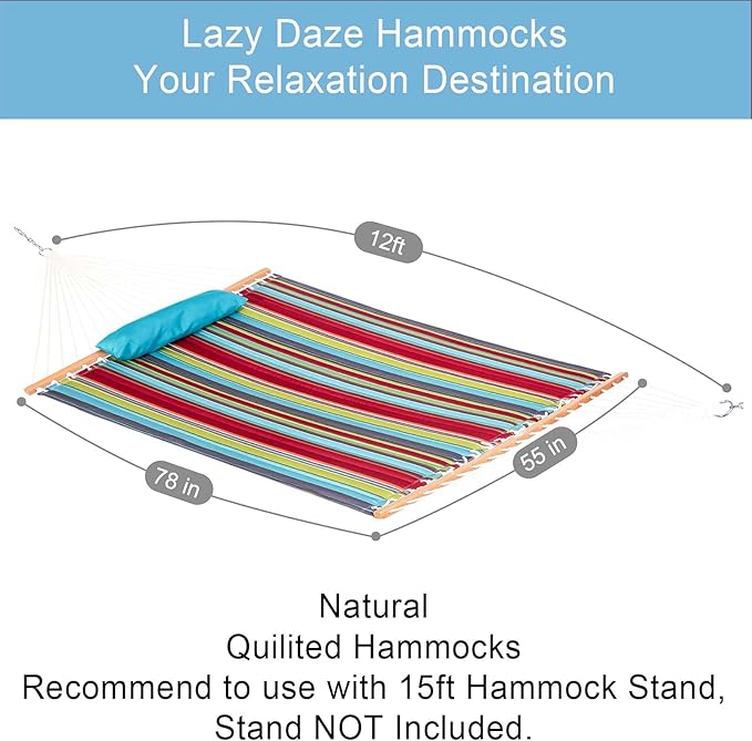 Lazy Daze Hammocks 12 FT Quilted Fabric Double Hammock with Spreader Bars and Detachable Pillow, 2 Person Hammock for Outdoor Patio Backyard Poolside, 450 LBS Weight Capacity, Blue&Red Stripes