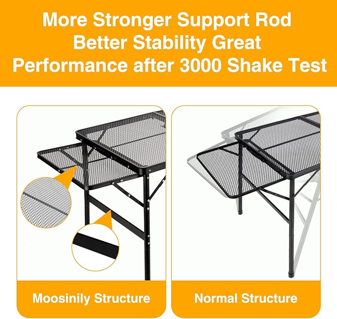 Grill Table 3FT+1.4 FT Folding Table with 2 Wing Panels with Mesh Desktop 2 Height Adjustable Portable Grill for Outdoor Indoor Beach BBQ Picnic Travel RV Black