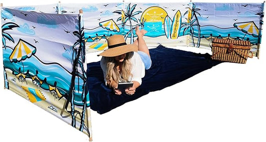 Premium 20 ft Beach Windscreen, Privacy Screen, Wind Blocker Free Rubber Mallet and Carry Bag Included (Beach Scape)