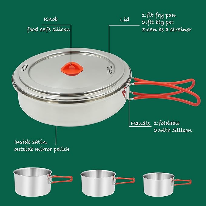 8.7"x8.7"x5" Large Capacity Compact 11 Pcs 4 to 8 People Stainless Steel Camping Cooking Cookware Sets with Utensils and Kettle, Outdoor Mess Cooking Kit with Carrying Bag