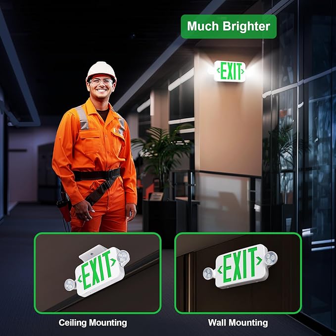 Emergency Exit Sign Lights Combo with Battery Backup, Double Sided Hardwired 6 LEDs Exit Signs, Adjustable Heads Green Emergency Exit Lighting Ceiling/Wall Mount, UL Listed, AC 120/277V (4 Pack)