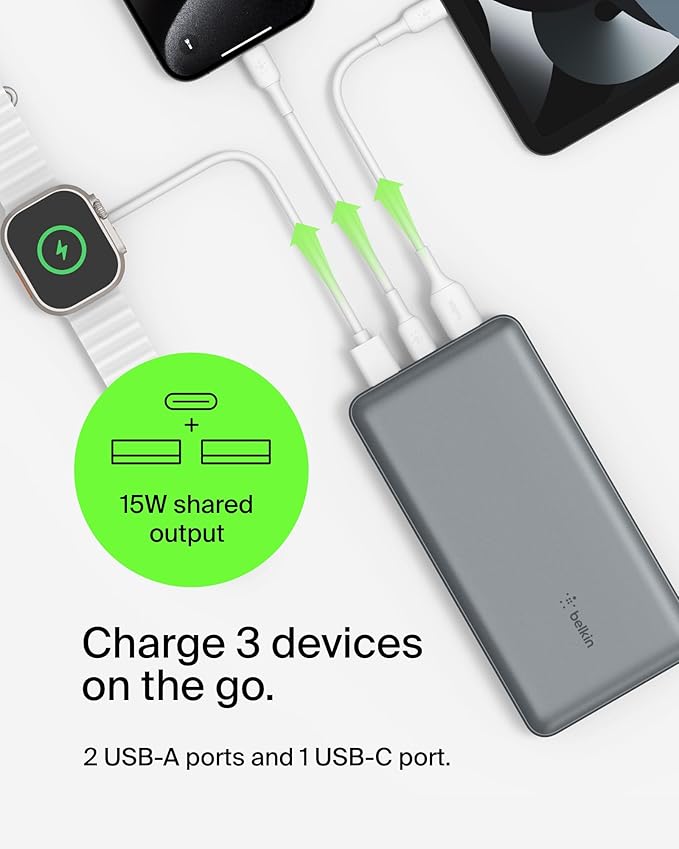 Belkin Portable Charger, USB C Power Bank 20000 mAh w/ 2 USB-A Ports, 15W w/A to C Cable for iPhone 17, Air, Pro, Pro Max, Samsung Galaxy S25, iPad, Nintendo Switch 2, Google Pixel 10, etc. - Gray