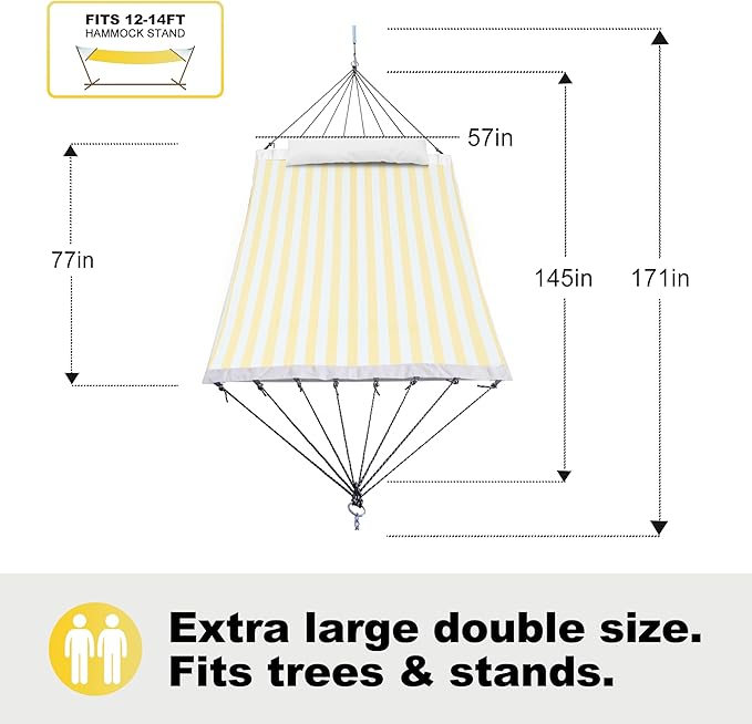 14ft Two Person Outdoor Hammock, Portable Camping with Folding Steel Spreader Bar, Carrying Bag, Carabiners, Tree Straps, Pillow & Sidebag, Quick Dry Textilene, 550 lbs Capacity (Lemon)