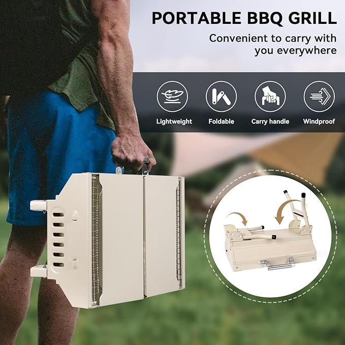 Portable Charcoal Grill Foldable Grills BBQ Grill Charcoal Small Grill for Travel, Camping, Outdoor Cooking, Backyard, Hiking, Patio Garden, Picnics,Beige