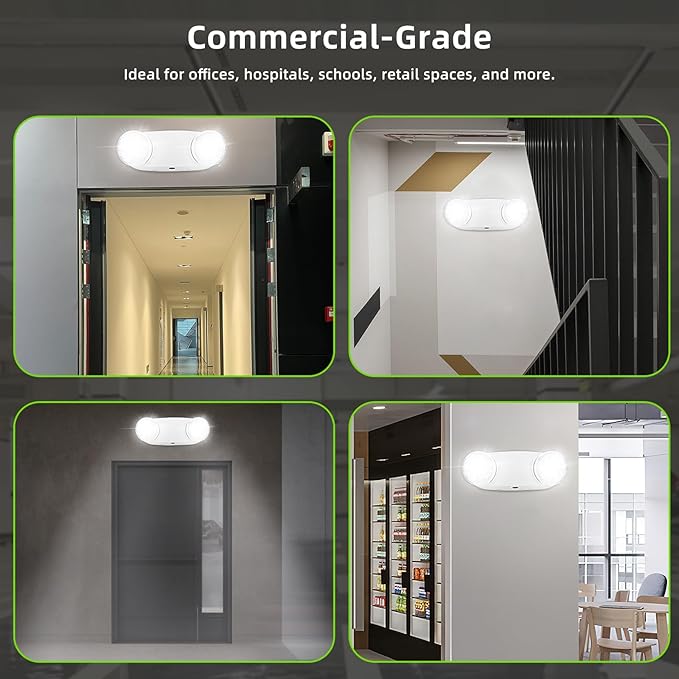 RMC LED Emergency Lights with Battery Backup, Two Head Adjustable Commercial Emergency Lighting, AC120-277V, Hardwired Emergency Exit Light Fixtures for Home and Business, ETL Listed, 4 Pack