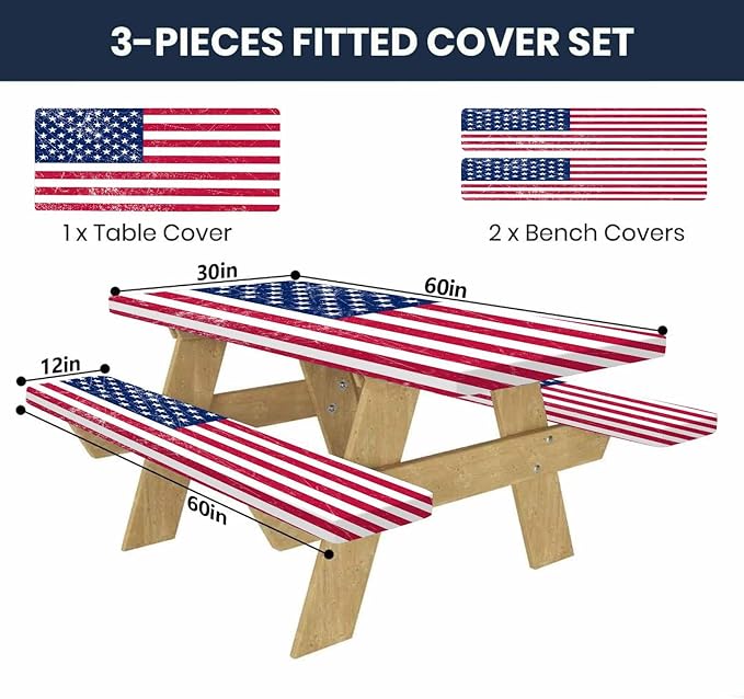 CAPSCEOLL Elastic Picnic Table Cover with Bench Covers 5Ft Waterproof Fitted Picnic Table Cover Cloths for Outdoors Camping Tablecloth with Drawstring Bag, 60X30in, American Flag