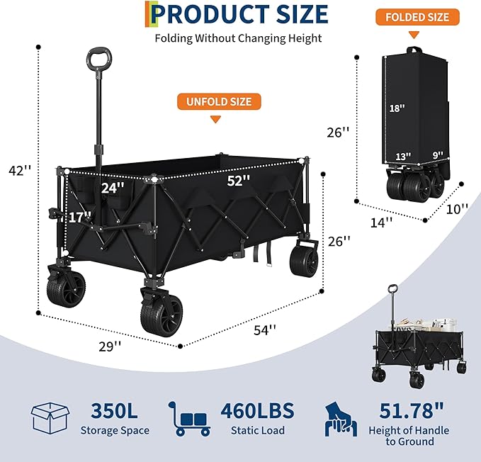Heavy Duty Foldable Wagon for Beach, Extra Large Collapsible Foldable Wagon for Camping, All Terrain Beach Wagons Extended with Cup Holders for Sand