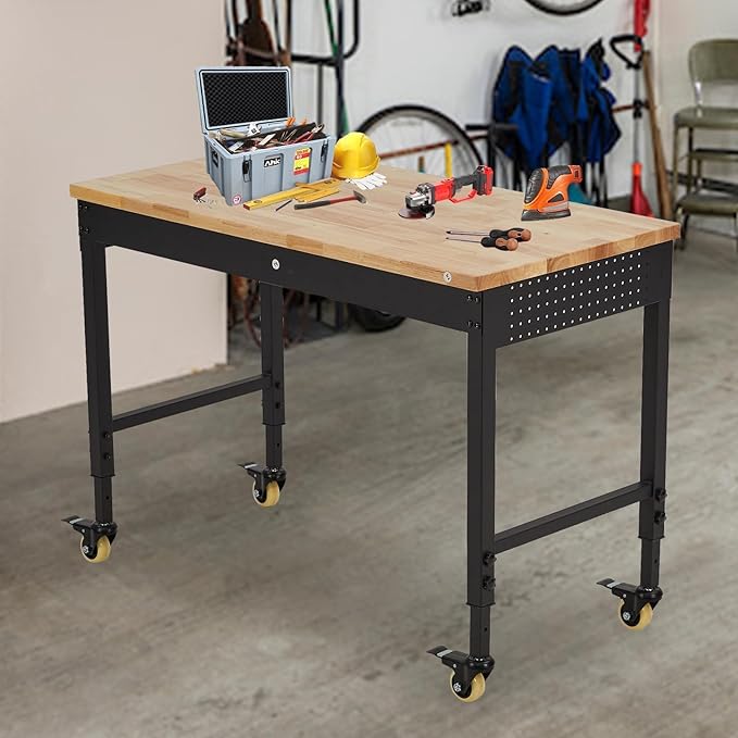 Adjustable Workbench,72" x 25" Heavy-Duty Rubber Wood Shop Table with 28.3-38.1 Inches Height Adjustment,2000 LBS Load Capacity,Garage Workbench with Power Outlets & Lockable Wheels