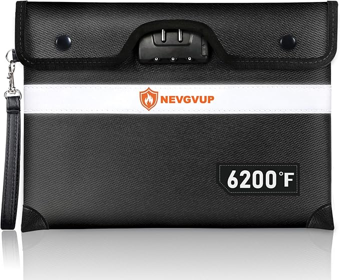 6200°F Upgraded Fireproof Money Bag with Lock, Fireproof Bag for A5 Documents w. Zipper/Reflective Strip, 9 Layers of Heat Insulated Materials, Water Resistant Fire Proof Money Bags for Cash,Valuables