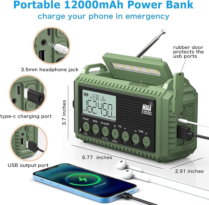 Emergency Radio 12000mAh Auto NOAA Weather Alert -Portable Solar Hand Crank Battery Operated AM/FM Shortwave Radio with Type-c Charger,Flashlight, SOS for Home Outdoor Hurricane Survival
