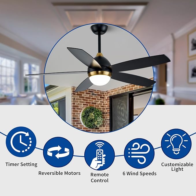 Black and Gold Ceiling Fan with Lights,52 Inch Ceiling Fans,6 Speeds,3 Color,Quiet DC Motor,Ceiling Fan with Remote Control for Bedroom Living Room Patio Kitchen