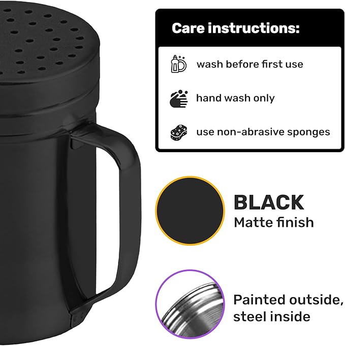 CUSINIUM 14oz Black Stainless Steel Salt Pepper Dredge Shakers - With Plastic Cap - With Handle - Pack of 2