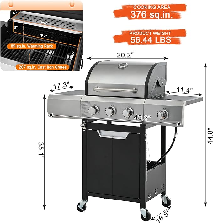 3-Burner BBQ Propane Gas Grill with Side Burner, 40,500 BTU Stainless Steel Patio Barbecue Grill with Waterproof Cover, Pull Out Grease Tray, For Camping, Outdoor Cooking (Style1)