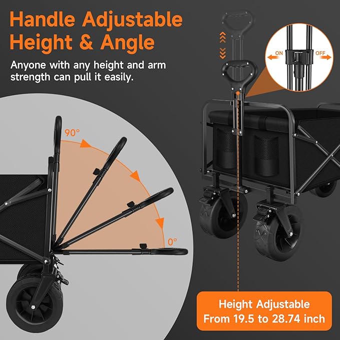 Collapsible Wagon Cart with Big Wheels, Foldable Heavy Duty Beach Cart with 330lbs Weight Capacity, 120L Portable Utility Grocery Wagon with Pocket & Brakes for Garden Sports Camping Travel Picnic