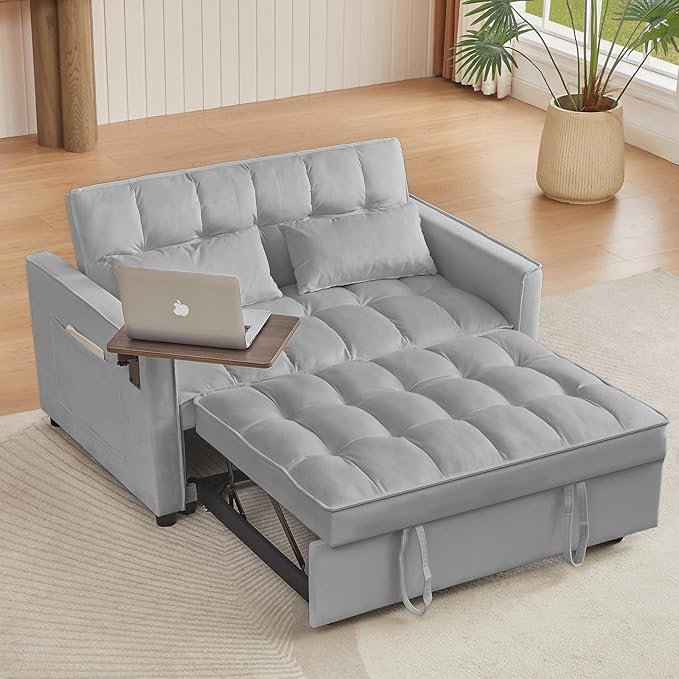 3-in-1 Convertible Sleeper Sofa Bed,Pullout Couch with 360° Swivel Side Table, Modern Chenille Fabric, Easy to Assemble, Folding Loveseat Sofa Bed for Living Room & Guest Room