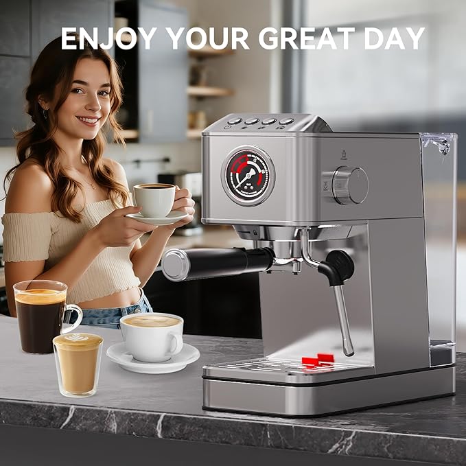 EM623 Espresso Machine 20 Bar with Steam Milk Frother, Stainless Steel Coffee Machine with Removable Water Tank for Cappuccino,Latte, Compact Stainless Steel Coffee maker for home,Great Gift