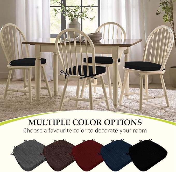Chair Cushions for Dining Chairs, Indoor Chair Cushions with Ties，Waterproof Chair Pads Set of 4, Black, 17x16x2.5 Inch