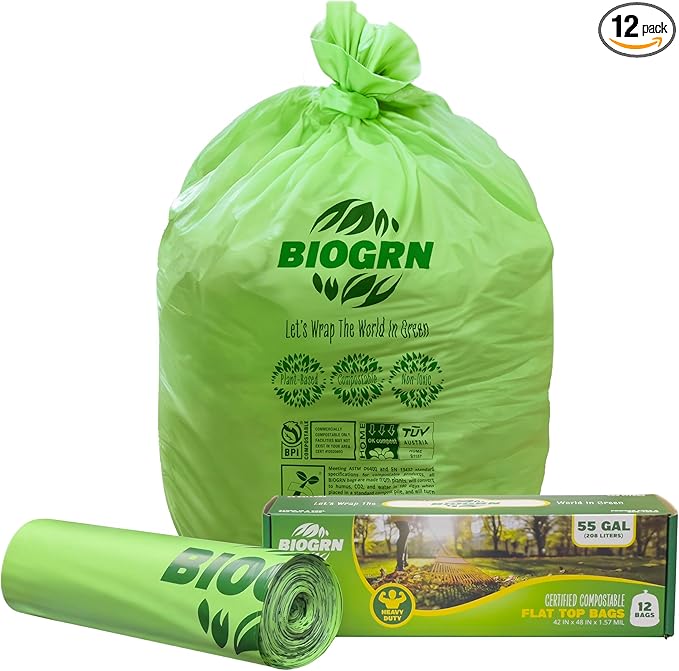 50-55 Gallon Compostable Trash Bags Flat-Top 12 Bags Heavy Duty 1.57 Mil 208.2 Liter Large Lawn and Yard Waste Bag Compost for Outdoor Garden ASTM D6400, US BPI and OK Compost Home Certified