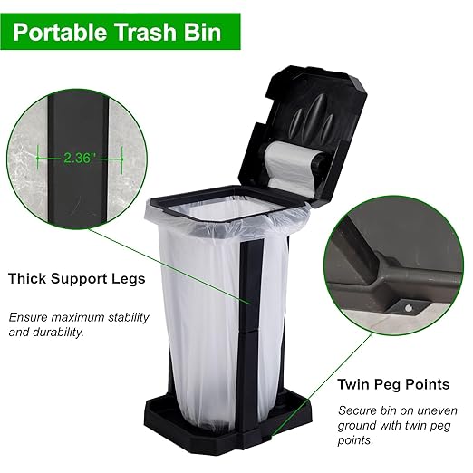 Collapsible Trash Bag Holder with Reinforced Legs and Bonus Inner Storage Compartment, Portable Trash Can, Outdoor Waste Bin with 20 Bags Included for Camping, RV, Picnic, and Home Use