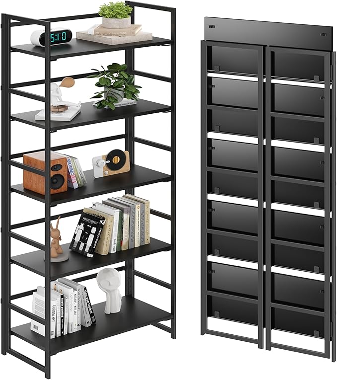 BHG Vintage Multifunctional Folding Bookshelf, No-Assembly Plant Stand Storage Rack Shelves for Home Office (All Black, 5-Tier)