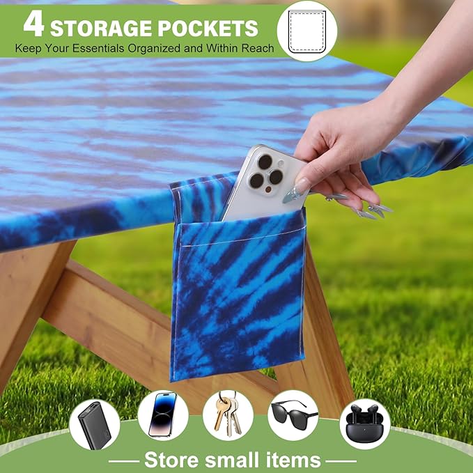 Fitted Picnic Table Cover with Bench Covers Vinyl Waterproof Elastic Edges Fitted Rectangle Tables Patio Tablecloth Camping Gear and Essentials Rv Accessories Road Trip Supplies Car Travel Must Haves