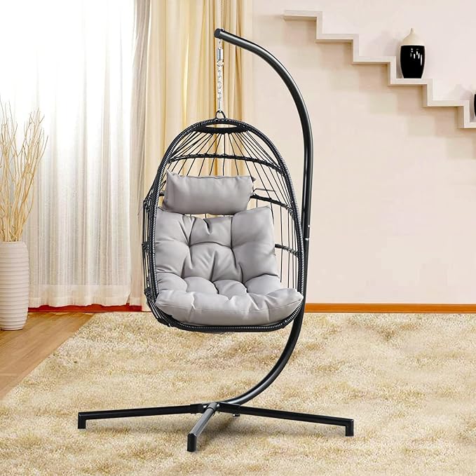 PRIVATE GARDEN Indoor Outdoor Hanging Egg Swing Chair with Stand Wicker Hammock Chairs with Folding Aluminum Frame Grey Water-Repellent Cushion for Patio Bedroom Balcony 330lbs Capacity