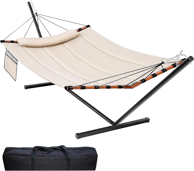 TegerDeger 12FT 2 Person Hammock with Stand Included 55 x 79IN Large Hammock 450LB Capacity with Hardwood Spreader Bar & Nylon Rope for Outside, Patio, Garden, Backyard, Beach, Poolside - Beige