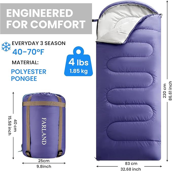 FARLAND Sleeping Bags 30℉ for Adults Teens Kids with Compression Sack Portable and Lightweight for 3-4 Season Camping, Hiking,Waterproof, Backpacking and Outdoors