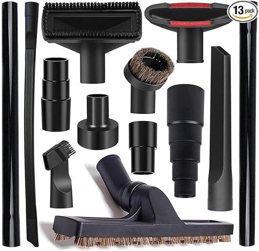 13Pcs Universal Vacuum Attachment Kit 1-1/4" Vacuum Hose Adapter Wet Dry Plastic Vacuum Cleaners Accessories with Extension Wand Horse Hair Brush Flexible Crevice Tool Adapter for Shop Vac Attachment