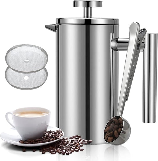 French Press Coffee Maker 34oz, Double-Wall Insulated French Press Stainless Steel 1L for travel camping, Included 2 Extra Screens and 1 Coffee Spoon （6-8cup 1000ml）