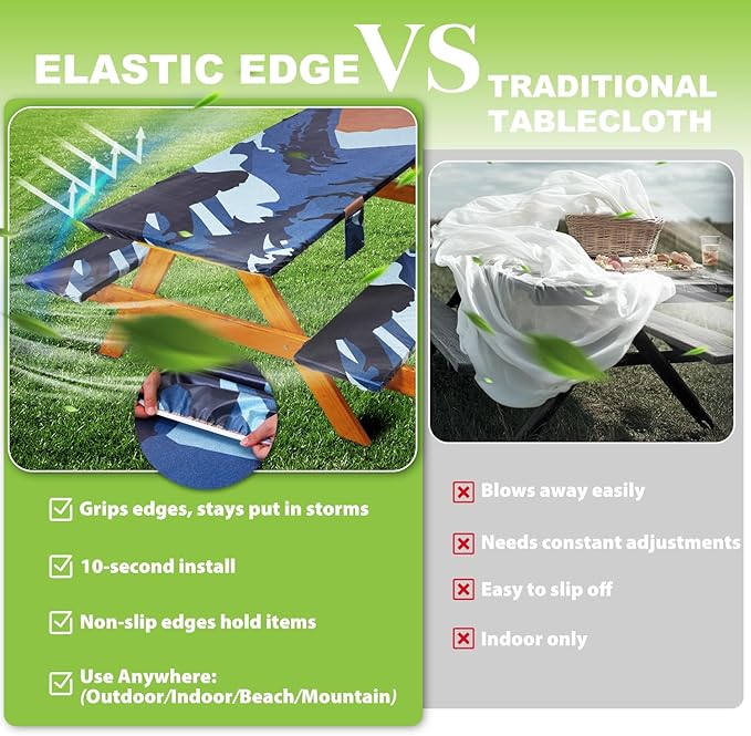 Fitted Picnic Table Cover with Bench Covers Waterproof Elastic Edges Rectangle Patio Tablecloth Outdoor Camping Essentials Stuff Rv Accessories Summer Trip Travel Supplies Party Camper Gifts, 6 ft