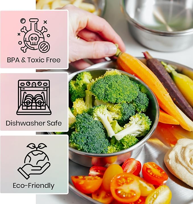 Children's 304 18/8 Stainless Steel Dinnerware Set | 1 Plate (21 cm) and 1 Bowl (10 ounces) | Matte Finish | 100% BPA Free | Non-Toxic | Dishwasher Safe