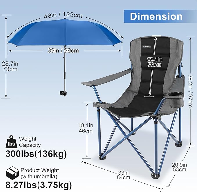 2 Pack Camping Chairs with Adjustable Umbrella-Folding Lawn Chair with American Flag Backrest-Heavy Duty Padded Camping Chair for Beach,Black