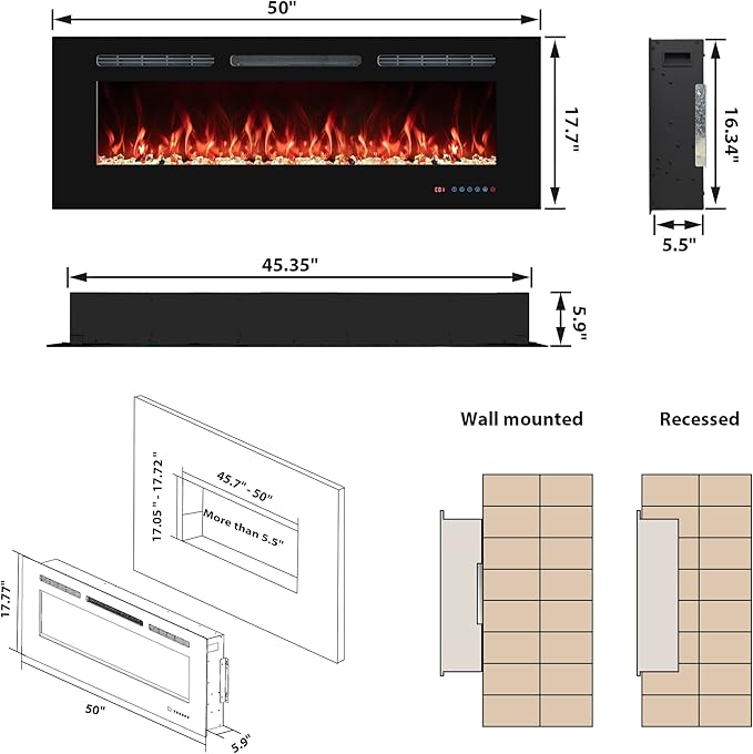 50" Electric Fireplaces Inserts, Recessed & Wall-Mounted Fireplace Heater with Thermostat, Multicolor Flames,Timer, Log & Crystal, 750/1500W
