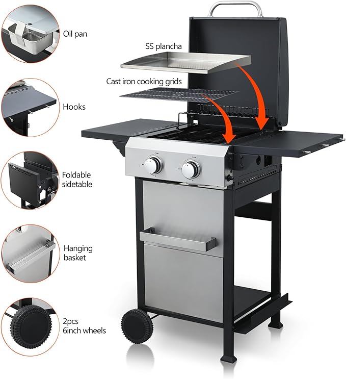 2-Burner Portable Propane Gas Grill with Stainless Steel Plancha Griddle - 24600 BTU Outdoor BBQ Grill with Foldable Side Shelves, Enamel Cooking Grids & Tool Hanging Basket