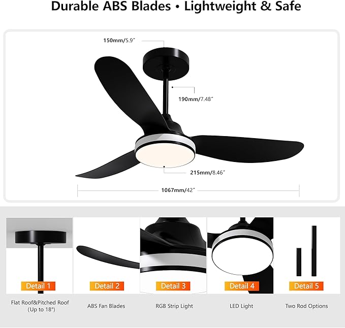 42 Inch Ceiling Fan with Light and Remote, Modern 3 Blade DC Motor Quiet Fan, Dimmable RGB LED, Reversible ABS Blades, for Bedroom Living Room(Black)