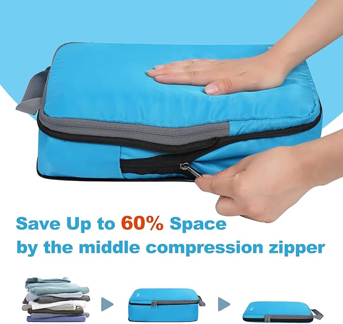 BAGAIL 4 Set/6 Set/8 Set Compression Packing Cubes Travel Accessories Expandable Packing Organizers (Cloth Pattern, 4-Blue)